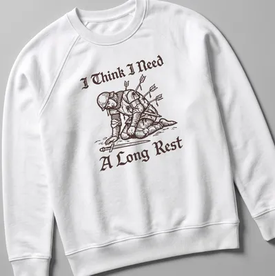 Vintage illustration of a tired Medieval knight with humorous text. — printed on a unisex sweatshirt