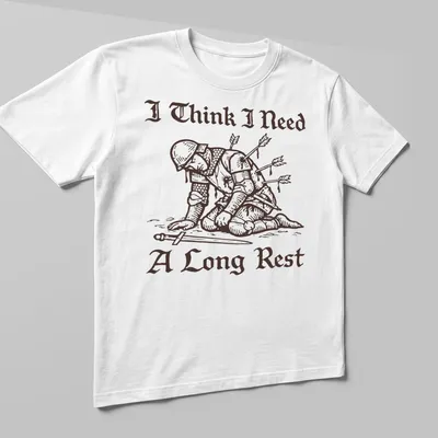 Vintage illustration of a tired Medieval knight with humorous text. — printed on a unisex t-shirt (angled view)