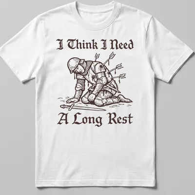 Vintage illustration of a tired Medieval knight with humorous text.