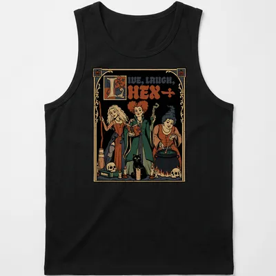 Vintage illustration of medieval witch sisters with the text Live, Laugh, Hex in black and orange — printed on a tank top
