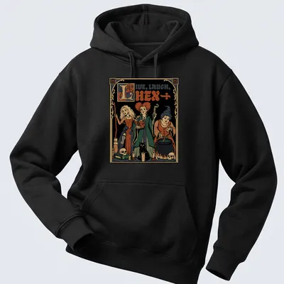Vintage illustration of medieval witch sisters with the text Live, Laugh, Hex in black and orange — printed on a unisex hoodie