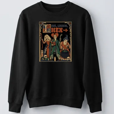 Vintage illustration of medieval witch sisters with the text Live, Laugh, Hex in black and orange — printed on a unisex sweatshirt