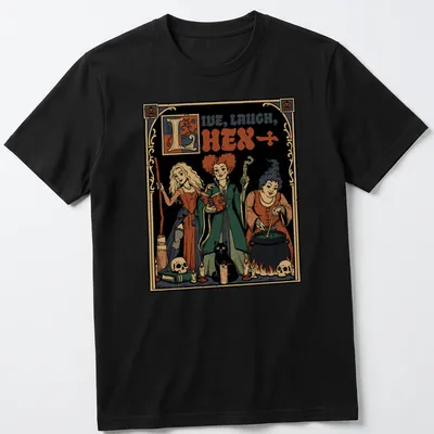 Vintage illustration of medieval witch sisters with the text Live, Laugh, Hex in black and orange