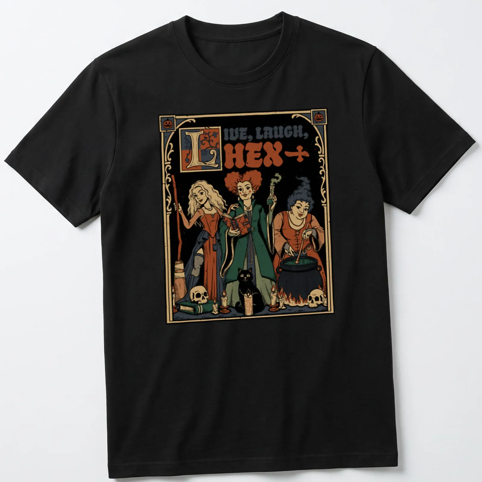 Vintage illustration of medieval witch sisters with the text Live, Laugh, Hex in black and orange — printed on a unisex t-shirt