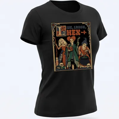 Vintage illustration of medieval witch sisters with the text Live, Laugh, Hex in black and orange — printed on a women's shirt