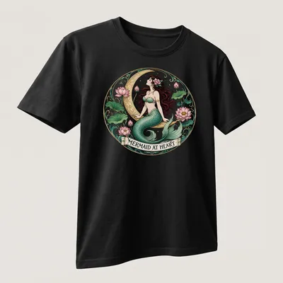 Vintage mermaid illustration with the text 'Mermaid At Heart' in teal and pink — printed on a unisex t-shirt (angled view)
