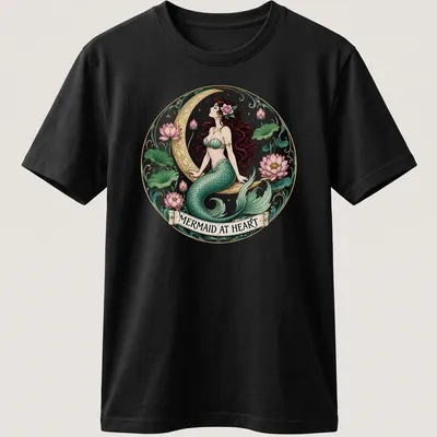 Vintage mermaid illustration with the text 'Mermaid At Heart' in teal and pink