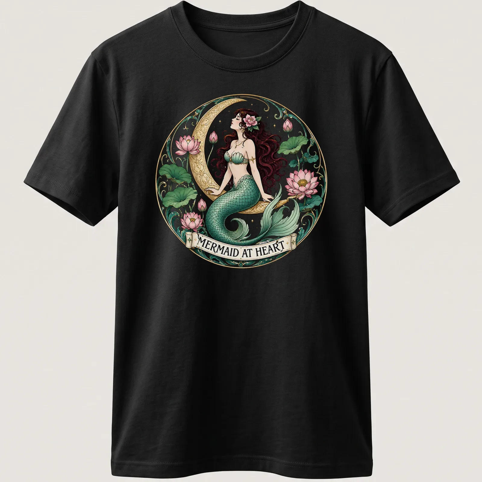 Vintage mermaid illustration with the text 'Mermaid At Heart' in teal and pink — printed on a unisex t-shirt