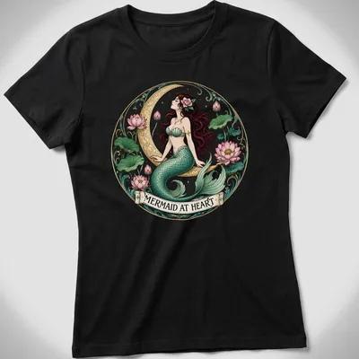 Vintage mermaid illustration with the text 'Mermaid At Heart' in teal and pink — printed on a women's shirt