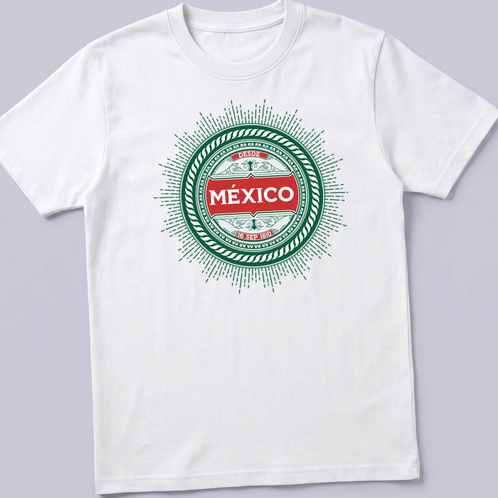 Vintage style t-shirt featuring the text 'DESDE MéXICO 16 SEP 1810' with a patriotic emblem. — printed on a unisex t-shirt