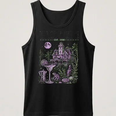 Vintage illustration of a haunted house with a margarita and Halloween text — printed on a tank top