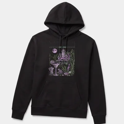 Vintage illustration of a haunted house with a margarita and Halloween text — printed on a unisex hoodie