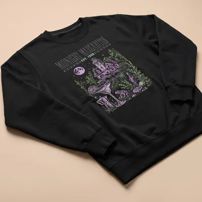 Vintage illustration of a haunted house with a margarita and Halloween text — printed on a unisex sweatshirt