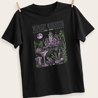 Vintage illustration of a haunted house with a margarita and Halloween text