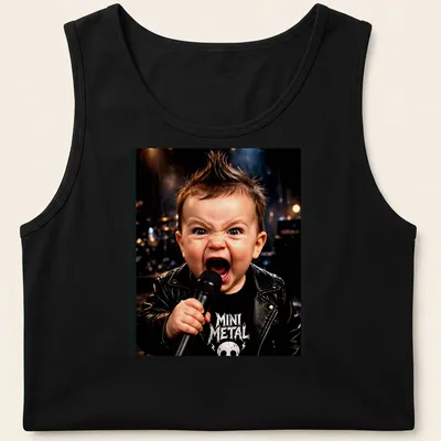 Mini Metal T-shirt with illustration of a boy, skull, and lightning in black and white — printed on a tank top