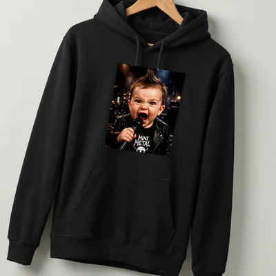 Mini Metal T-shirt with illustration of a boy, skull, and lightning in black and white — printed on a unisex hoodie