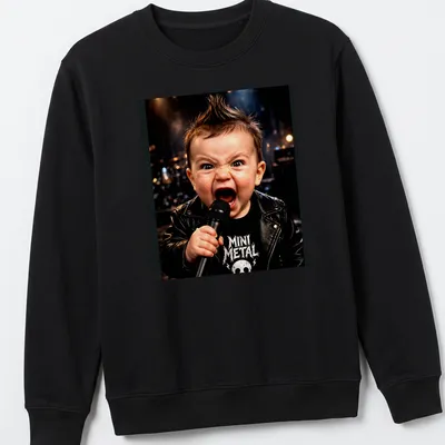 Mini Metal T-shirt with illustration of a boy, skull, and lightning in black and white — printed on a unisex sweatshirt