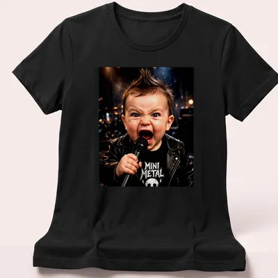 Mini Metal T-shirt with illustration of a boy, skull, and lightning in black and white — printed on a women's shirt
