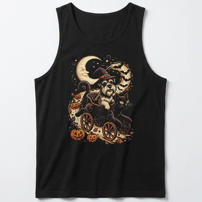 Whimsical illustration of a Mini Schnauzer and a cat in a cart for Halloween — printed on a tank top