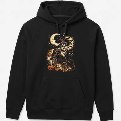 Whimsical illustration of a Mini Schnauzer and a cat in a cart for Halloween — printed on a unisex hoodie