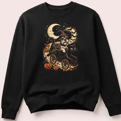 Whimsical illustration of a Mini Schnauzer and a cat in a cart for Halloween — printed on a unisex sweatshirt