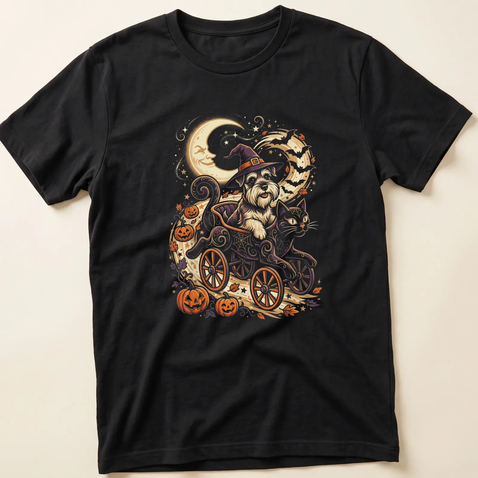 Whimsical illustration of a Mini Schnauzer and a cat in a cart for Halloween — printed on a unisex t-shirt