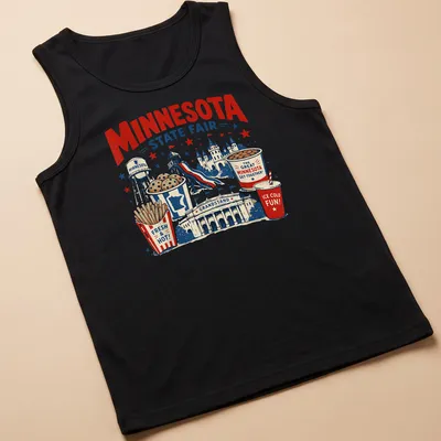Vintage illustrated shirt featuring Minnesota State Fair with colorful graphics — printed on a tank top