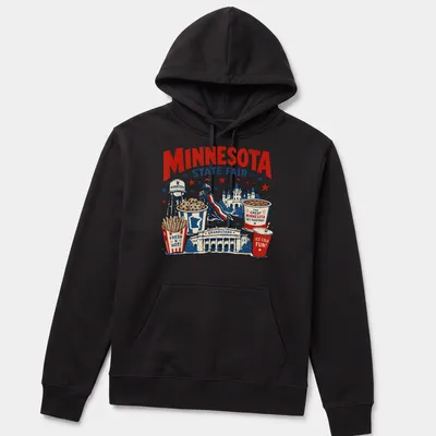 Vintage illustrated shirt featuring Minnesota State Fair with colorful graphics — printed on a unisex hoodie