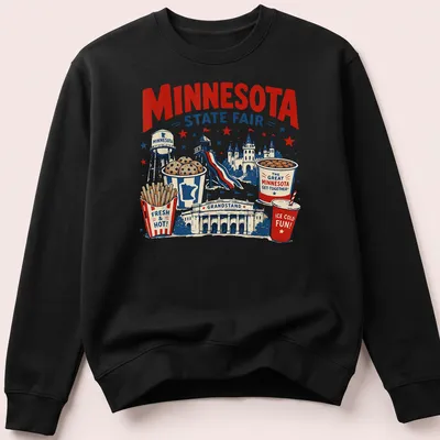 Vintage illustrated shirt featuring Minnesota State Fair with colorful graphics — printed on a unisex sweatshirt