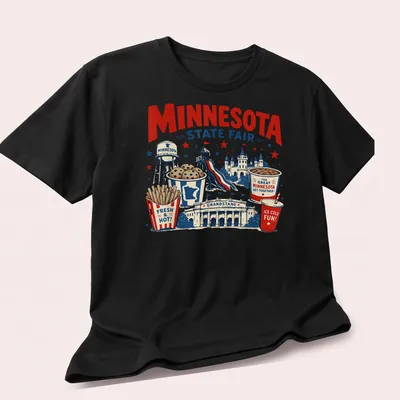 Vintage illustrated shirt featuring Minnesota State Fair with colorful graphics — printed on a unisex t-shirt (angled view)
