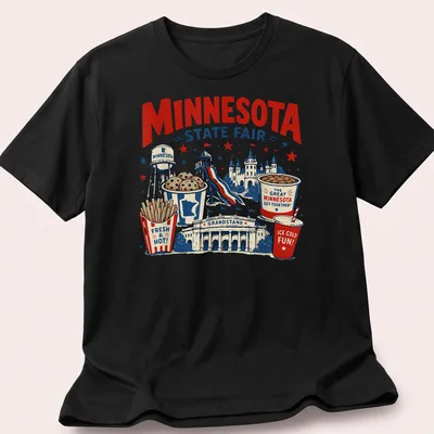 Vintage illustrated shirt featuring Minnesota State Fair with colorful graphics