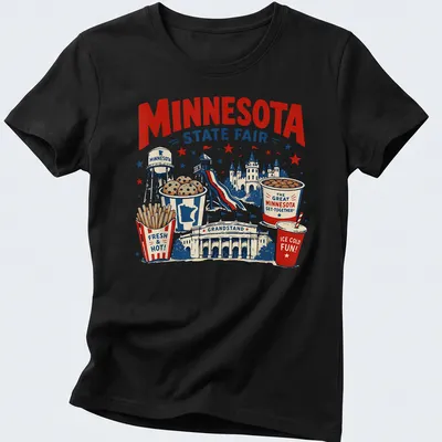 Vintage illustrated shirt featuring Minnesota State Fair with colorful graphics — printed on a women's shirt