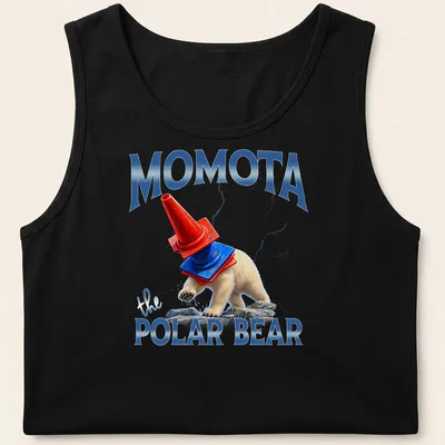 Humorous cartoon polar bear wearing a hat with text 'Momota the POLAR BEAR' — printed on a tank top