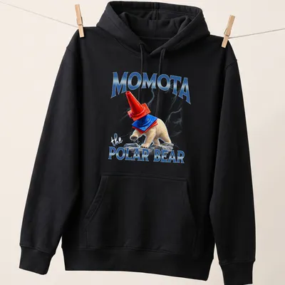 Humorous cartoon polar bear wearing a hat with text 'Momota the POLAR BEAR' — printed on a unisex hoodie