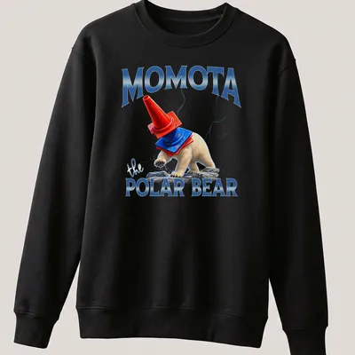 Humorous cartoon polar bear wearing a hat with text 'Momota the POLAR BEAR' — printed on a unisex sweatshirt