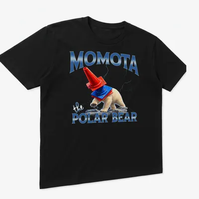 Humorous cartoon polar bear wearing a hat with text 'Momota the POLAR BEAR' — printed on a unisex t-shirt (angled view)