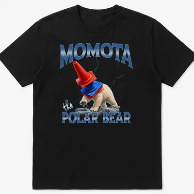 Humorous cartoon polar bear wearing a hat with text 'Momota the POLAR BEAR'