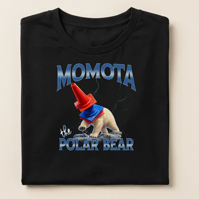 Humorous cartoon polar bear wearing a hat with text 'Momota the POLAR BEAR' — printed on a women's shirt