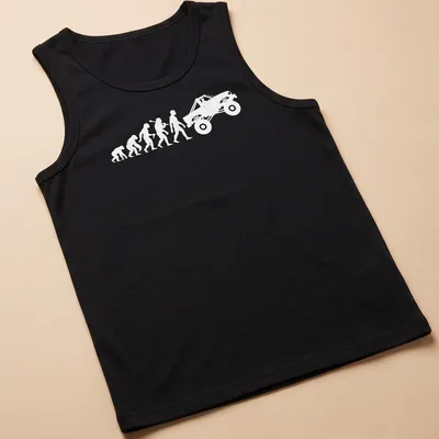 White illustrated evolution graphic of a monster truck — printed on a tank top