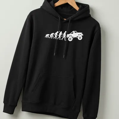 White illustrated evolution graphic of a monster truck — printed on a unisex hoodie