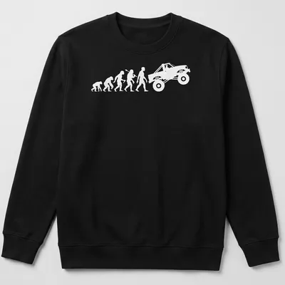 White illustrated evolution graphic of a monster truck — printed on a unisex sweatshirt