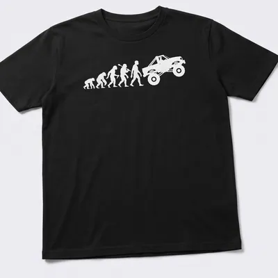 White illustrated evolution graphic of a monster truck