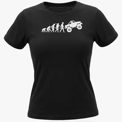 White illustrated evolution graphic of a monster truck — printed on a women's shirt