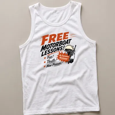 Vintage style t-shirt featuring motorboat lessons text with playful graphics — printed on a tank top