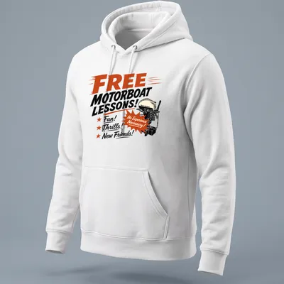 Vintage style t-shirt featuring motorboat lessons text with playful graphics — printed on a unisex hoodie