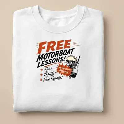 Vintage style t-shirt featuring motorboat lessons text with playful graphics — printed on a unisex sweatshirt