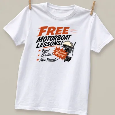 Vintage style t-shirt featuring motorboat lessons text with playful graphics