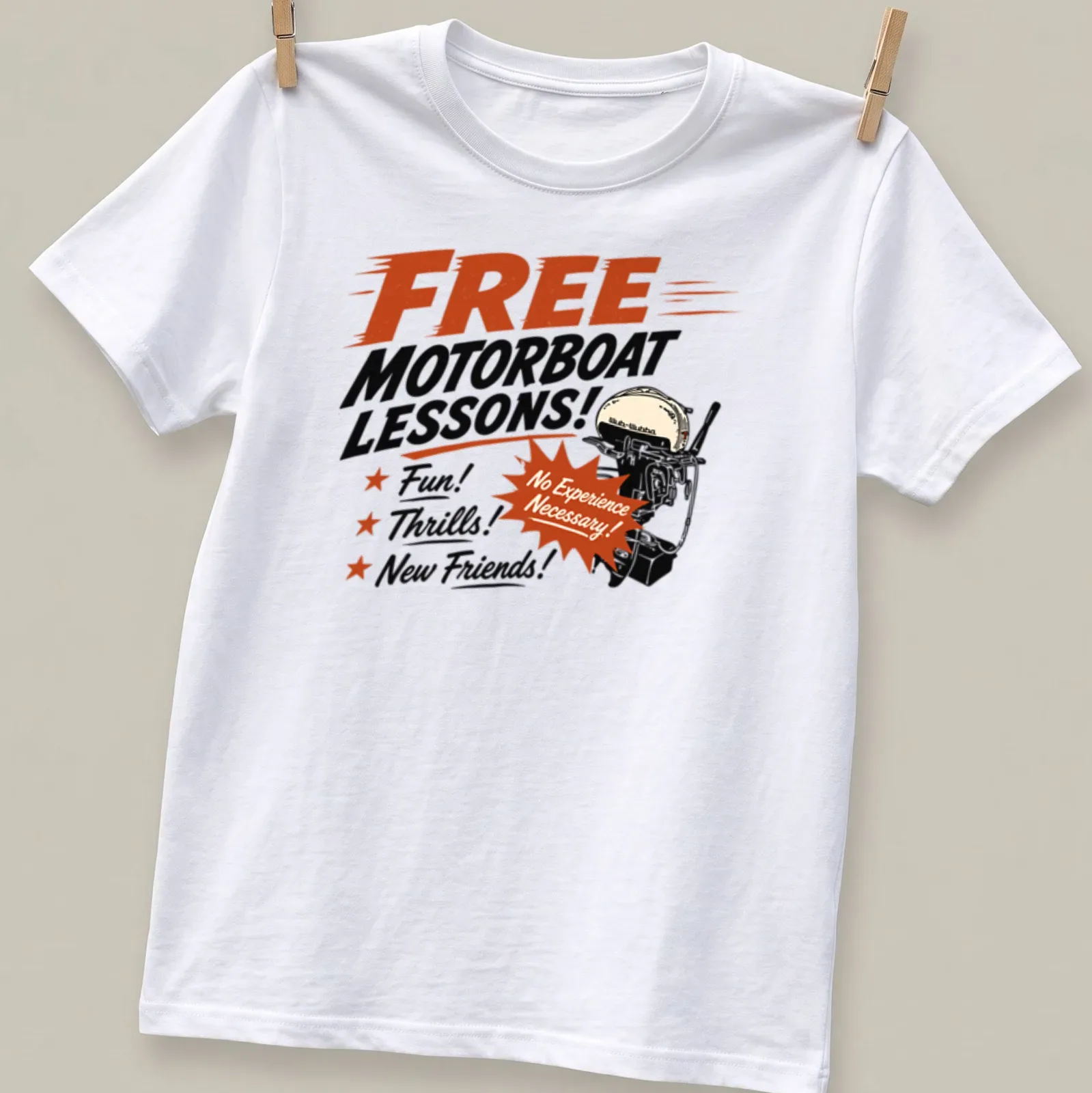 Vintage style t-shirt featuring motorboat lessons text with playful graphics — printed on a unisex t-shirt
