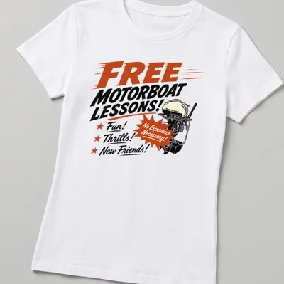 Vintage style t-shirt featuring motorboat lessons text with playful graphics — printed on a women's shirt