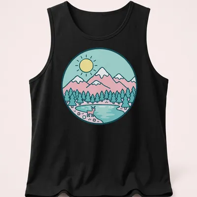 Kawaii line-art of a deer in a pastel landscape with soft colors — printed on a tank top